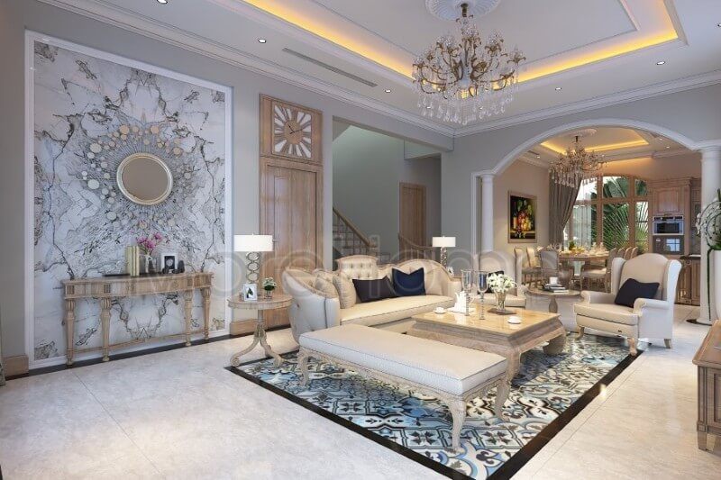 Thiết kế nội thất biệt thự Thủ Đức tân cổ điển đã tạo ra một không gian sang trọng bởi các đường nét trạm khắc mềm mại và hoa văn tỉ mỉ.