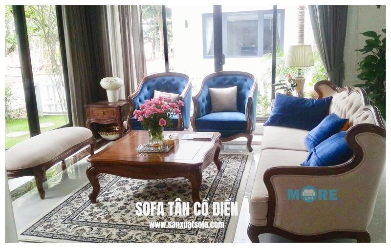 Sofa tân cổ điển đẹp và mang tính đẳng cấp của gia chủ được tạo nên bởi sự kết hợp hoàn hảo giữa gỗ óc chó nỉ cao cấp nhập khẩu.